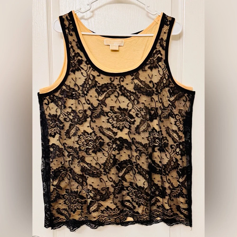 MICHAEL KORS XL BLACK LACE OVERLAY SLEEVELESS VEST TANK T-SHIRT TOP - EUC